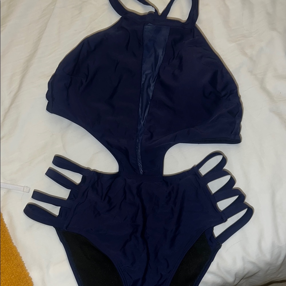 Navy Blue cutout high neck high waist One Piece Swimsuit